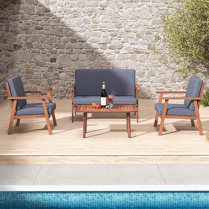 Tangkula 4 Piece Outdoor Conversation Set, Acacia Wood Sofa Set with Soft Seat & Back Cushions, Rectangle Coffee Table Patio Wood Furniture Set for Backyard, Poolside, Garden (1, Gray)