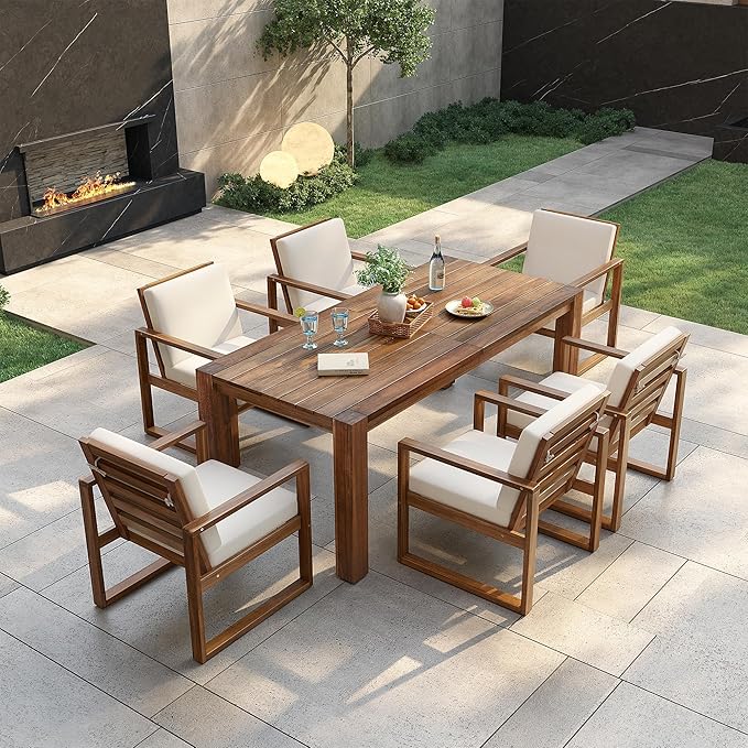 Merax Patio Table and Chairs Set, Outdoor Dining Set for 6 with Umbrella Hole, 7 Piece Outdoor Patio Furniture Set Wood Frame with Removable Cushion for Garden, Backyard, Lawn, and Poolside
