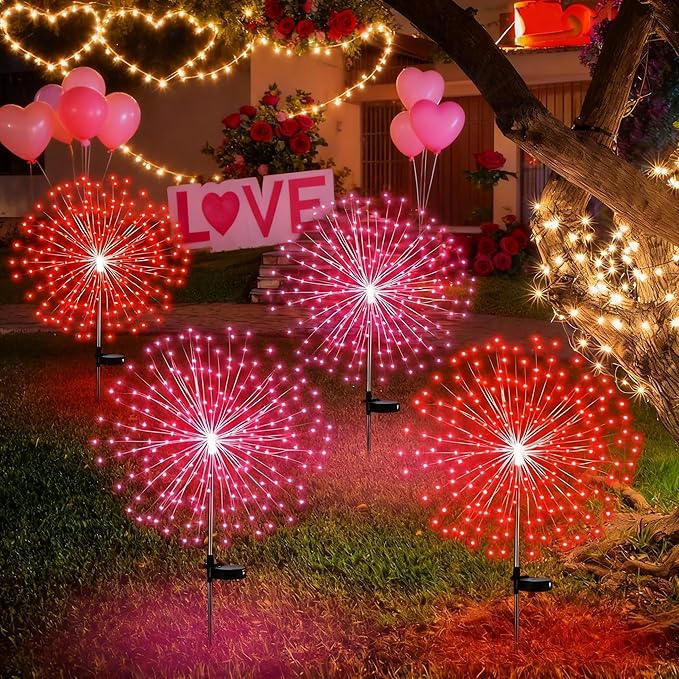 Tujoe 4 Pack Valentines Day Solar Firework Lights 180 LED 8 Lighting Modes Waterproof Solar Lamps Decorative Garden Stake Lights for Valentines Wedding Party Pathway Patio Decor