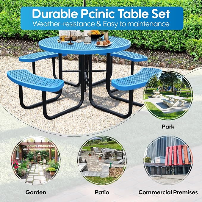 46 Inch Round Outdoor Metal Picnic Table, All-Weather Patio Dining Set for 6-8 Adults, Heavy Duty Steel with Central Umbrella Hole, Perfect for Garden, Backyard, Deck & Small Spaces - Easy Assembly