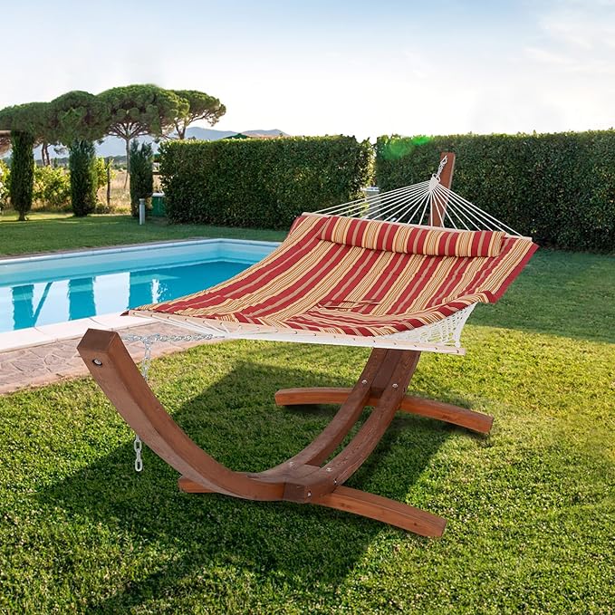 SUNCREAT Rope Hammocks for Outside with Polyester Pad and Stand, Extra Large Double Hammock with Wooden Stand, Red Strips