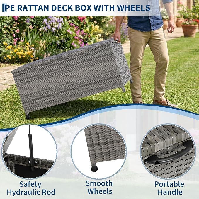 125-Gallon Outdoor Deck Box with Wheels, Waterproof PE Rattan & Aluminum Frame Storage Bin, Lockable Patio Furniture Chest for Cushions, Garden Tools, Pool Toys, Gray