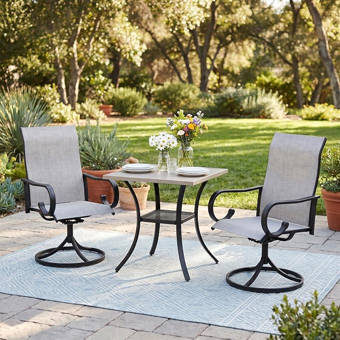 3 Pieces Patio Dining Set, 2 Outdoor Swivel Dining Chairs with 28" Square Outdoor Dining Table, All Weather Textilene Patio Chairs and Metal Table for Garden Backyard, Grey
