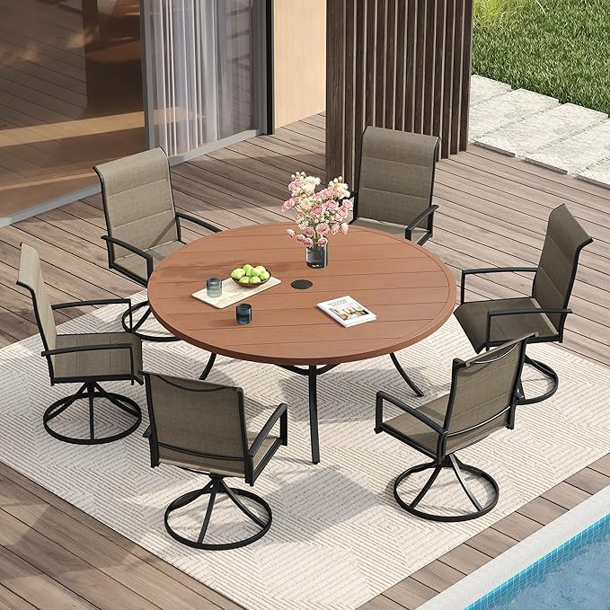 VICLLAX 7 Pieces Patio Dining Set for 6-Outdoor Furniture Includes 53" Round Outdoor Table and Swivel Padded Chairs, Walnut Tabletop and Mixed Brown Fabric