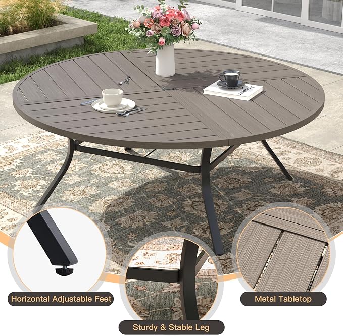 60" Outdoor Dining Table with Adjustable Umbrella Hole, Metal Slatted Round Patio Dining Table for Backyard Garden Deck, Antique Grey