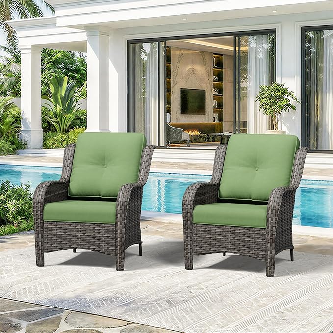 Patio Chairs Set of 2, Outdoor Wicker Patio Furniture Set with Thickened Olefin Cushions, High Back and Deep Seating, Wide Curved Armrest Hand-Woven PE Rattan for Porch, Deck, Green