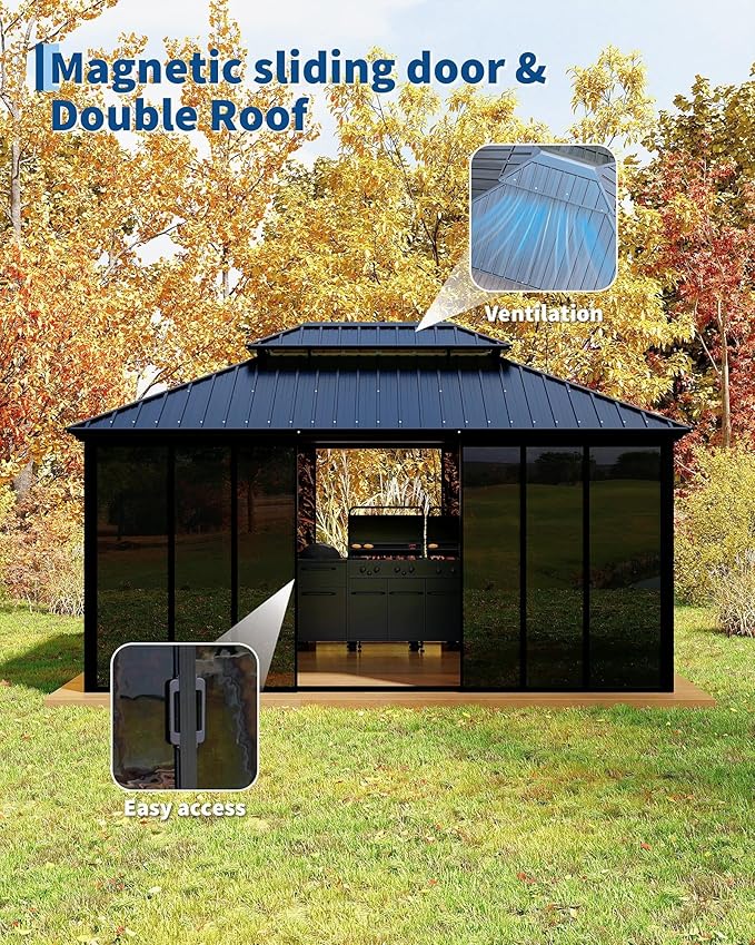 GarveeLife 12x16 ft Sunroom Hardtop Gazebo, Enclosed Gazebo with Floor-to-Ceiling Sliding Doors, All-Aluminum Alloy Frame, Screen Outdoor Room Solarium for Backyard, Patio, and Deck