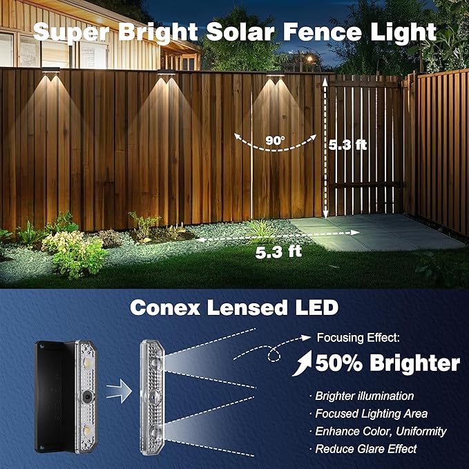 Peasur 4 Pack Solar Fence Lights Outdoor Garden, Solar Powered Step Light, Waterproof LED Deck Lights for Stairs Railing Yard Wall Outside (Cool White)