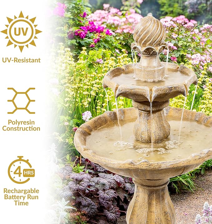 Sunnydaze 35" Solar 2-Tier Outdoor Water Fountain - Garden Water Feature with Battery Backup and Pump - Earth