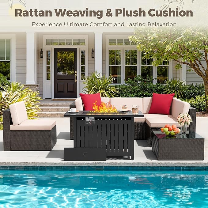 Flamaker 7 Pieces Patio Furniture Set with Fire Pit Table Outdoor Sectional Patio Sofa Furniture Set with Gas Fire Pit and Coffee Table & Ottoman Cushion Pillows, Beige