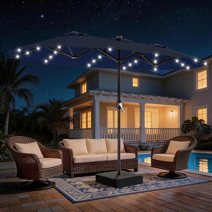 AreShark 13 FT Patio Umbrella with Solar Lights, Double-Sided Outdoor Table Umbrellas with Crank, Large Rectangular Market Umbrella for Porch, Lawn, Pool, Backyard, Navy