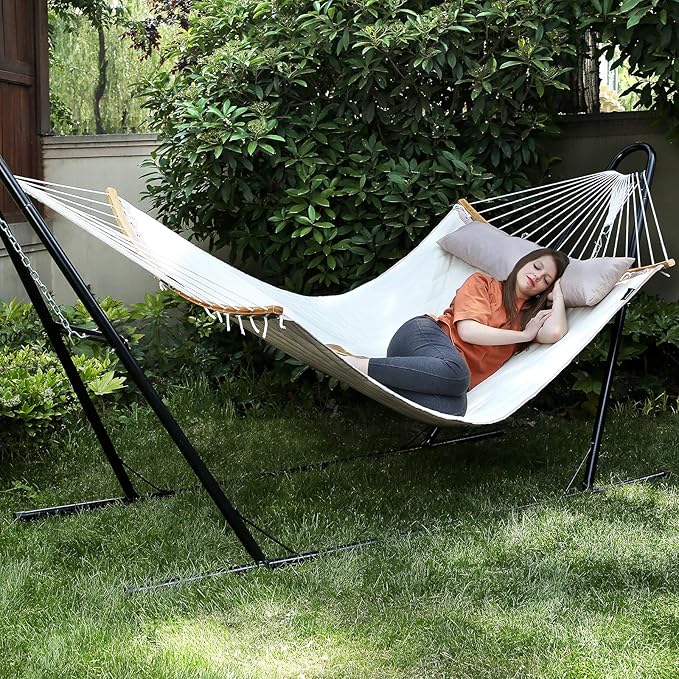 SONGMICS Hammock, Quilted Hammock with Curved Bamboo Spreaders, Pillow, 78.7 x 55.1 Inches, Portable Padded Hammock Holds up to 495 lb, Cream and Beige UGDC34BE