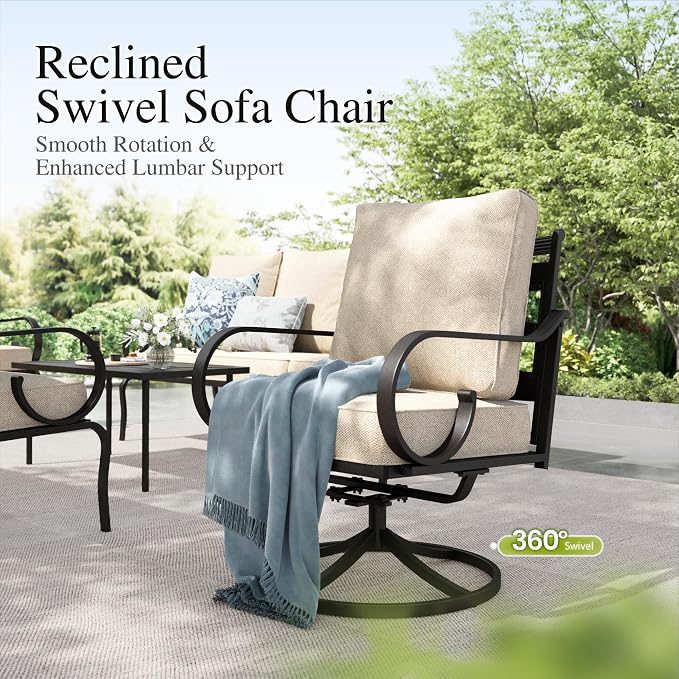 Sophia & William Patio Furniture Set Metal Outdoor Conversation Set, 3-Seater Sofa, 2 Fixed Chairs and Swivel Chairs with 5.75" Extra Thick Cushions and a 45" Fire Pit Table, Beige
