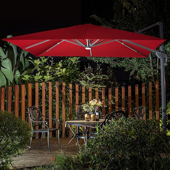 Sunnyglade 10x10ft Solar Powered LED Cantilever Patio Umbrella Square Deluxe Offset Umbrella 360°Rotation & Integrated Tilting System & LED lights for Market Garden Deck Pool Backyard Patio