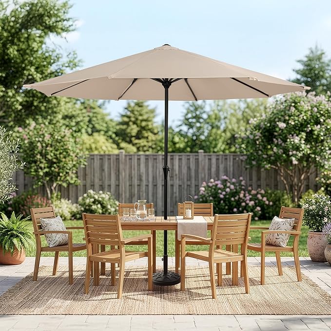 Pure Garden 9FT Round Patio Umbrella with 19lb Weighted Base - Easy Crank, Vented Canopy Outdoor Umbrella for Shade - For Deck, Balcony, Porch, Backyard, or Pool (Khaki)
