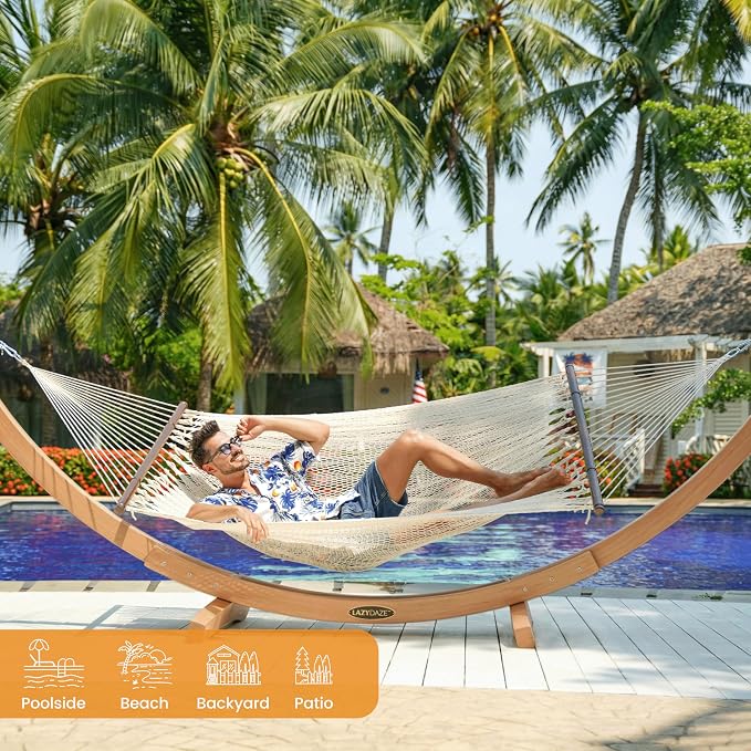 Lazy Daze Hammocks 2 Person Caribbean Rope Hammock with Wood Stand, 10.5FT Polyester Hammock with Spreader Bars, 13FT Heavy Duty Stand Combo, 450 LBS Capacity for Outdoor Backyard Poolside, Cream