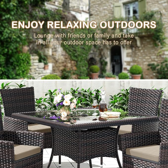 5 Pieces Outdoor Patio Dining Set,Patio Table and Chairs Rattan Outdoor Patio Furniture Set with Umbrella Hole,Dining Table Set for 4 with Chairs for Backyard,Garden and Kitchen,Brown