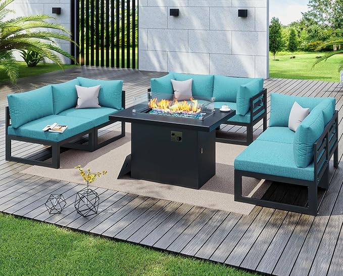 NICESOUL 7 Piece Large Modern Aluminum Outdoor Patio Furniture Set with Fire Pit Table, 29" Wide Deep Seat, Fade Resistant Comfy Sectional Sofa, 500 lbs Sturdy Backyard Conversation Set, Turquoise