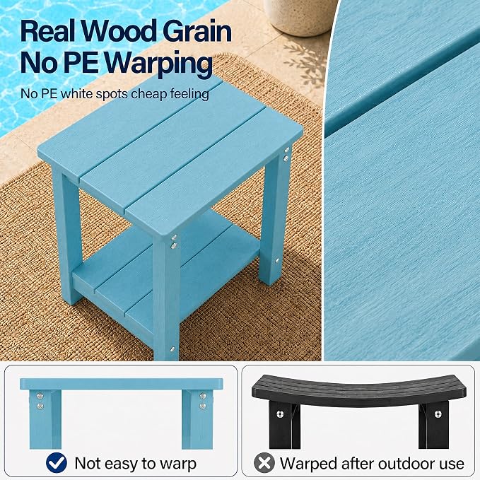 MXIMU Outdoor Side Table 2 Tier: Heavy-Duty Sturdy Warp Resistant Adirondack Table - Wood Grain Finish Outdoor End Tables - Easy Assembly & Low Maintenance Patio Side Table Blue