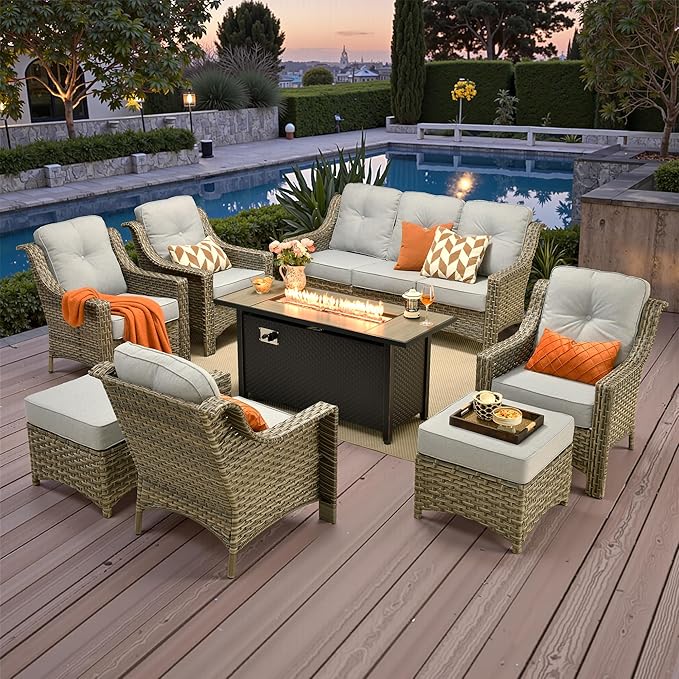 Outdoor Patio Furniture Sets, 8 PCS Patio Conversation Set Outside Rattan Sofa with 54 in Fire Pit Table Comfy Cushions Fit Backyard Porch Garden Poolside Balcony,Light Grey