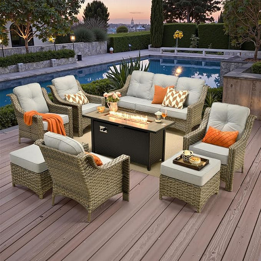 Outdoor Patio Furniture Sets, 8 PCS Patio Conversation Set Outside Rattan Sofa with 54 in Fire Pit Table Comfy Cushions Fit Backyard Porch Garden Poolside Balcony,Light Grey