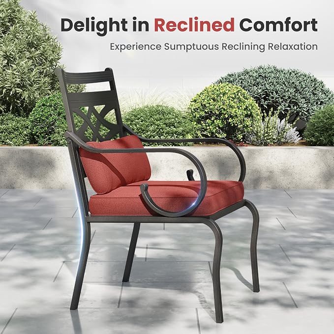 PHI VILLA Patio Dining Set, Round Metal Table | Metal chairs, Red, Umbrella Hole, Cushions, E-coated