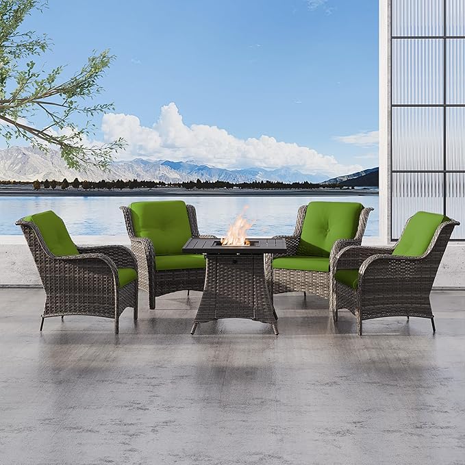5 Pcs Patio Furniture Set with Fire Table-31'' Fire Pit Table, 4 Outdoor Rattan Wicker Conversation Chairs (4 Fixed Chairs) (Green)