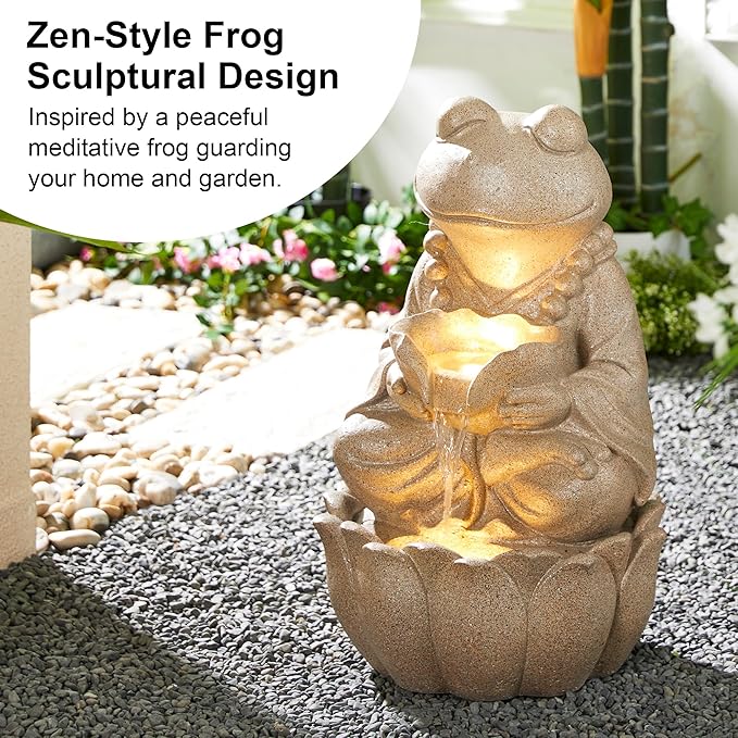 Glitzhome Outdoor Fountains and Waterfalls Zen-Style Frog Water Fountains with LED & Pump, Patio Water Fountain Yard Fountain 2 Tier Floor Waterfall for Backyard Lawn Garden Porch 22" H, Sand Beige