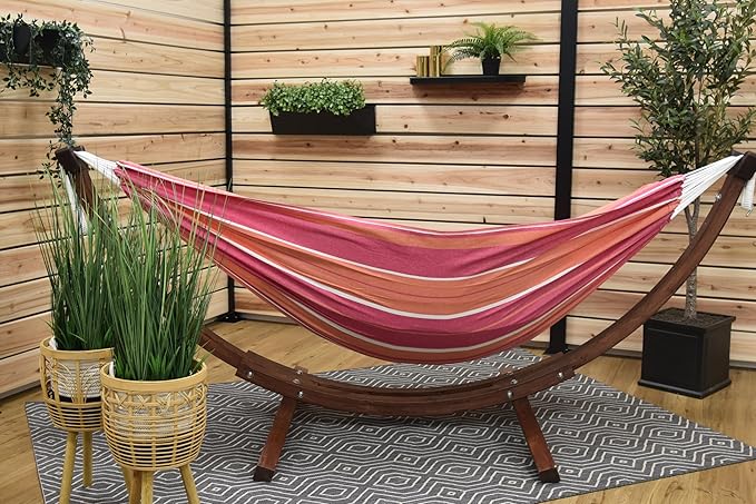 Vivere Double Cotton Hammock with Solid Pine Arc Stand - 450 lb Capacity, Durable FSC Wood Frame, Comfortable 87 Bed, Includes Hardware & User Guide (Mimosa)