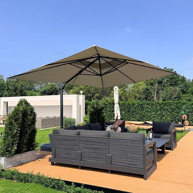 PURPLE LEAF 10' x 13' Cantilever Patio Umbrella Outdoor Umbrella with 330lbs Base Large Rectangular Windproof Offset Umbrella for Pool Deck Garden, Pebble Grey