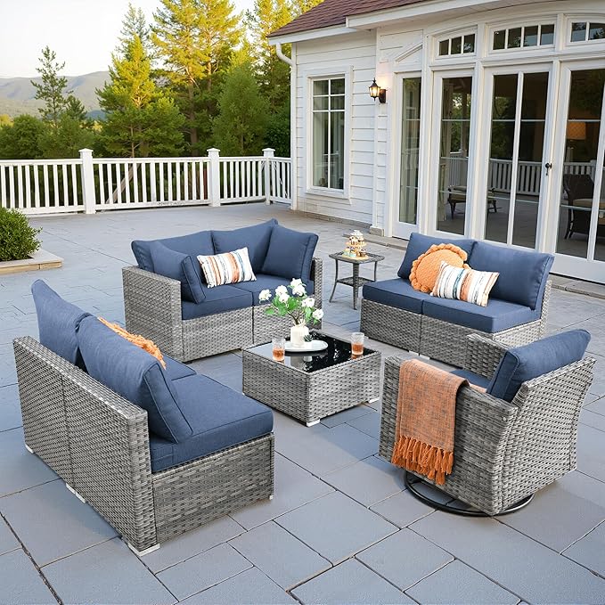 9 PCS Outdoor Patio Furniture Sets with Wicker Rocking Chair,Wicker Weather Resistant Patio Conversation Set with Comfy Cushions,Modular L Shaped Sofa with Coffee Table for Yard,Denim Blue