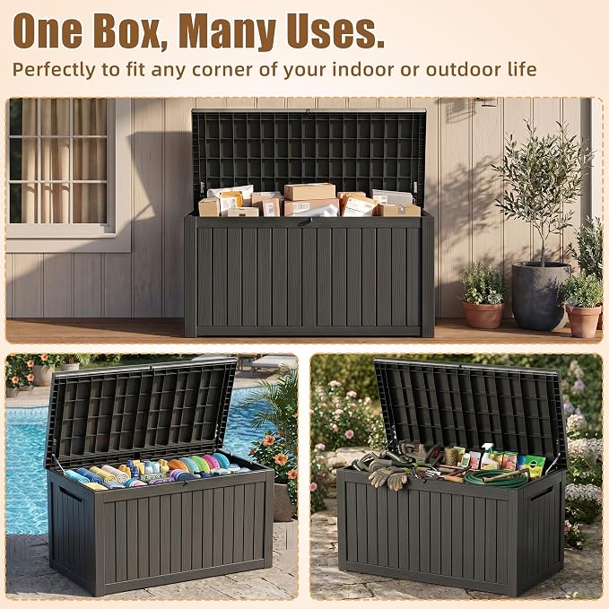 280 Gallon Outdoor Storage Box, Extra Large Resin Deck Box, Waterproof Lockable Storage Container, XXL Storage Bins with Lids for Patio furniture, Garden Tools, Black