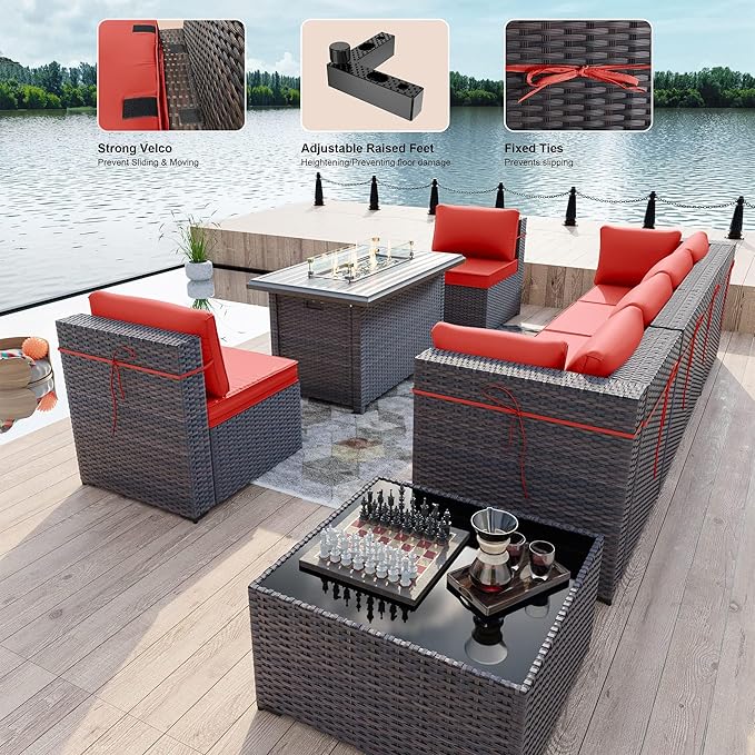 Kullavik 8 Pieces Outdoor Patio Furniture Set,Sectional Sofa Set with 43" 55000 BTU Gas Propane Fire Pit Table,Brown PE Rattan Wicker Patio Conversation Set,Red