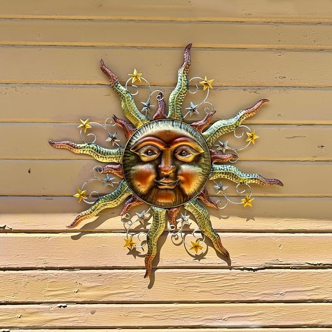 TERESA'S COLLECTIONS Sun Metal Wall Art for Outdoor Decor,21" Bronze Sun Face 3D Wall Decor for Garden Decor,Rustic Retro Hanging Sculpture for Outside Living Room Home Patio Farmhouse Gifts for Mom
