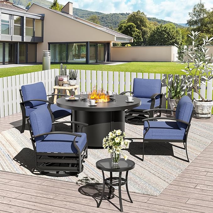 ALAULM Aluminum Patio Furniture Set with 40,000 BTU Round Propane Fire Pit Table 4-seat Metal Outdoor Furniture w/Swivel & Rocking Conversation Set for Patio, Lawn, Poolside（DarkBlue