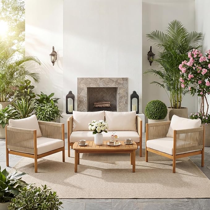 Christopher Knight Home Mayeq 4-Piece Acacia Wood Patio Furniture Set, Outdoor Conversation Sofa Set with Club Chair and Coffee Table, Patio Sectional Chat Set for Backyard Balcony, Teak+Cream