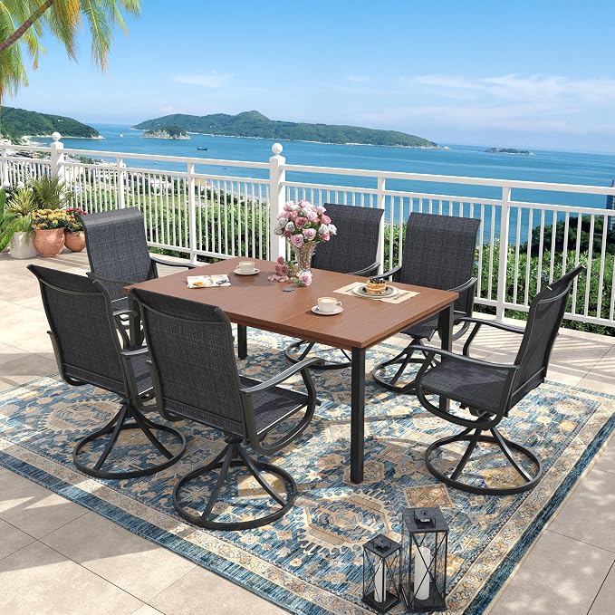 Outdoor Dining Set for 6, 63" Metal Outdoor Dining Table with Umbrella Hole and Sling Patio Swivel Chairs, 7 Pieces Patio Table and Chairs Set for Garden Backyard, Charcoal and Walnut