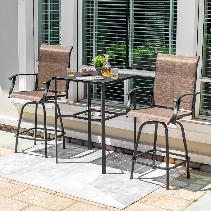NUU GARDEN Outdoor Bar Set 3 Piece, Patio Square Tempered Glass Table with Textilene Swivel Bar Stools High Backrest, Outdoor Furniture for Garden Backyard, Brown Black