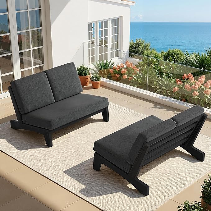 UIXE All Weather Patio Furniture Sets, 3 Pieces Black Wood Patio Loveseat Sofa Outdoor Sectional Futniture Backyard Conversation Set with Solid Wooden Coffee Table - Dark Gray