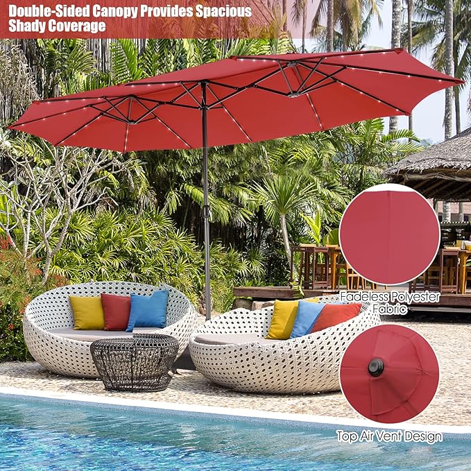 Giantex Large Outdoor Umbrella Double-Sided, 48 Solar Lights, Auto-Charging Solar Panel, Extra Large Patio Umbrella with Base and Crank, Outdoor Market Umbrellas for Poolside Garden