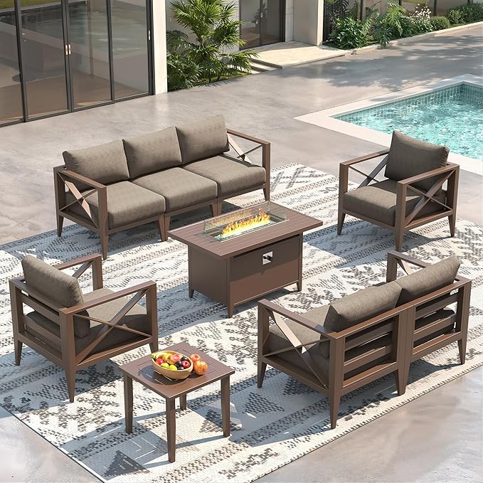 Aluminum 7-Seats Outdoor Patio Furniture Set with 43" Fire Pit Table, Sectional Conversation Sofa with 5.2" Thick Cushions & Coffee Table, Rust-Resistant Frame Seating Sofa for Porch, Backyard, Brown