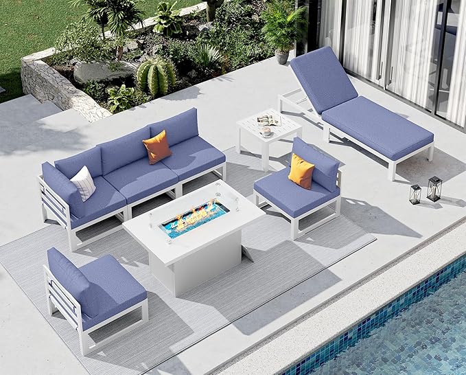 NICESOUL 8 Piece Extra Large Luxury Aluminum Outdoor Sectional Sofa with Lounger, All Weather Modular Patio Furniture Set for 6 People, 500 lbs Heavy Duty Conversation Couch for Poolside, Denim Blue