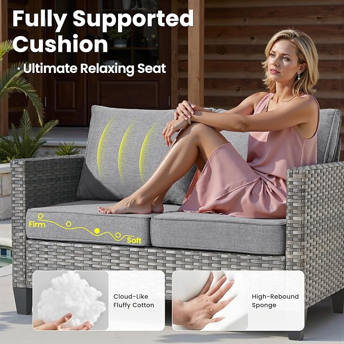 ovios 7 Pieces Patio Furniture Set, Outdoor Wicker Rattan Sofa Couch with Swivel Glider Chairs Loveseat Comfy Cushions Modern Conversation Set for Backyard Porch, Dark Grey