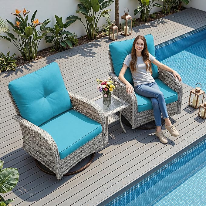 3-Piece Small Patio Furniture Set, Outdoor Swivel Rocking Chairs Set with Wicker Chairs and Tempered Glass Side Table, Outdoor Furniture Patio Bistro Set for Balcony, Deck, Porch