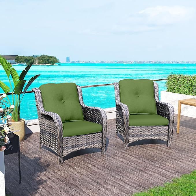 Outdoor Wicker Chair Rattan Patio Dining Chairs Set of 2 PE Wicker Patio Chairs with 3.5 inch Seat Cushions Outdoor Patio Seating Chair for Garden, Backyard Swimming Pool, Balcony, Green