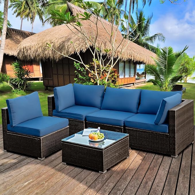 HAPPYGRILL 5 Pieces Patio Furniture Set Outdoor Rattan Wicker Sofa Set with Coffee Table Sectional Sofa Conversation Set with Pillows Cushions for Backyard Porch Garden Poolside