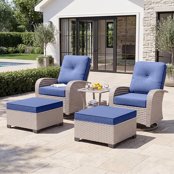 5-Piece Patio Furniture Set, Outdoor Swivel Rocking Chairs Set with Ottomans,All Weather Conversation Set for Porch Poolside Balcony,Blue