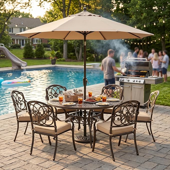 7-Pcs Cast Aluminum Patio Dining Set for 6, 54" Round Table,Bronze | Outdoor Furniture Set Include Dining Table and 6 Stackable Chairs with Cushions & Umbrella Hole