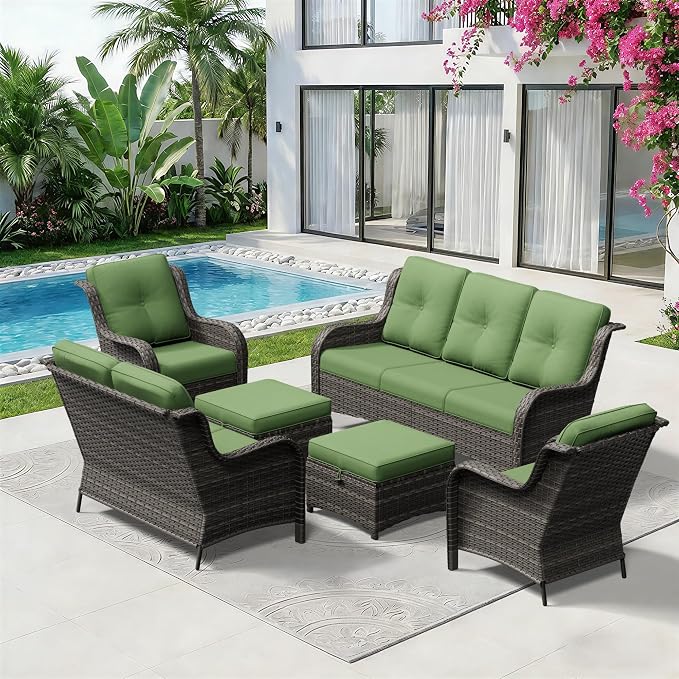 6 Piece Outdoor Wicker Patio Furniture Set, Patio Chairs Set with Thickened Olefin Cushions, High Back and Deep Seating, Hand-Woven PE Rattan, Ottoman for Porch, Deck