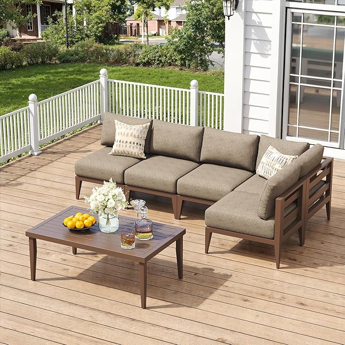 6-Piece Aluminum Outdoor Patio Furniture Set, Oversized Sectional Sofa with Corner Seat & Coffee Table, All-Weather Conversation Set for Backyard, Deck, Porch, or Balcony, Brown